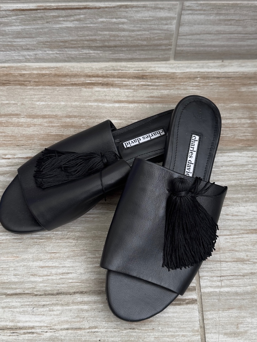 Charles David Black Leather Tassel Slide Mules